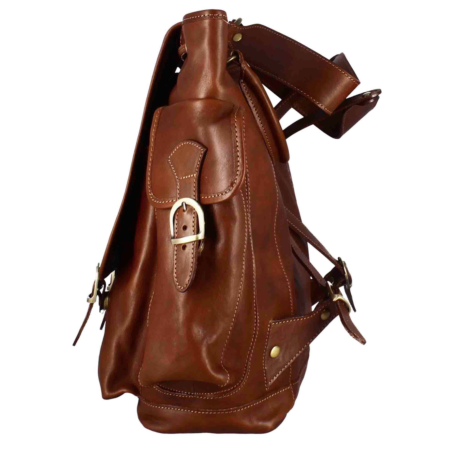 Men's full-grain leather multi-pocket backpack with buckle fastening brown colour