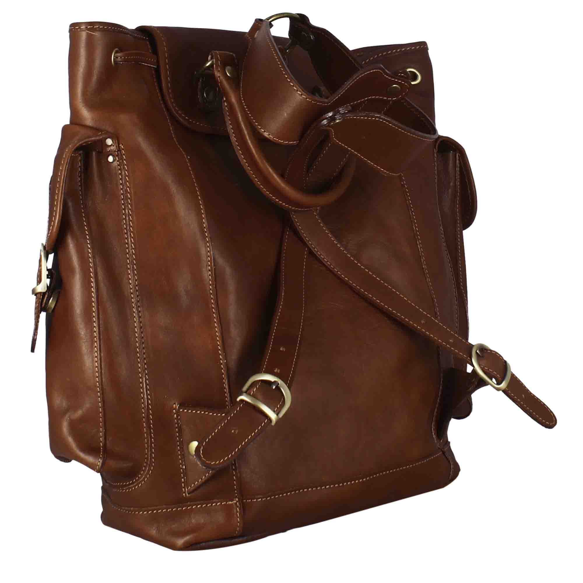 Men's full-grain leather multi-pocket backpack with buckle fastening brown colour