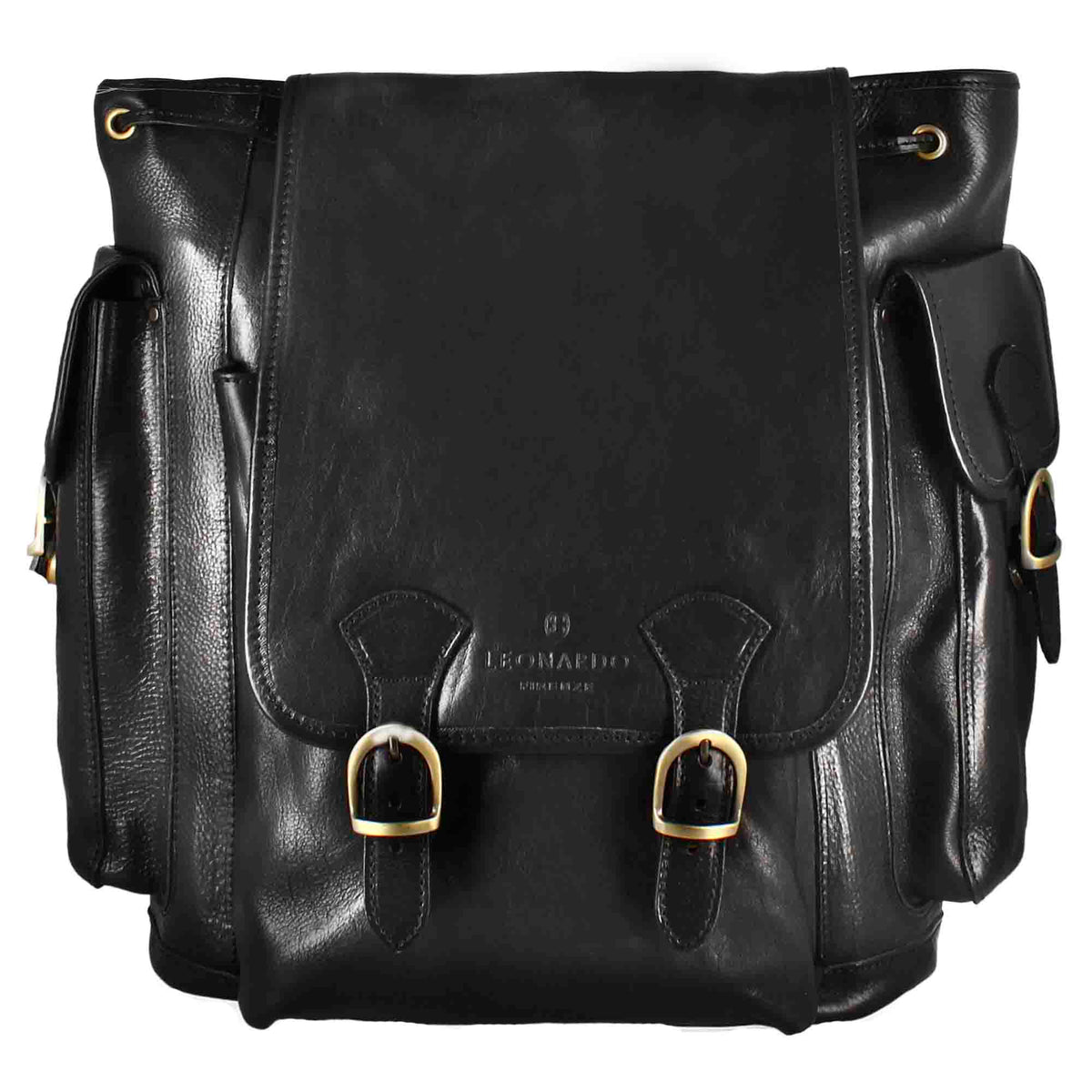 Men's multi-pocket backpack in full-grain leather with buckle fastening in black