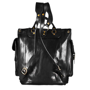 Men's multi-pocket backpack in full-grain leather with buckle fastening in black