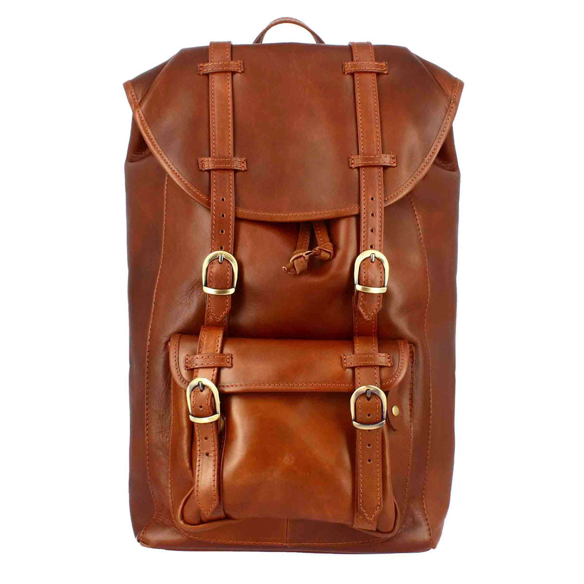 Brown leather travel backpack with buckles