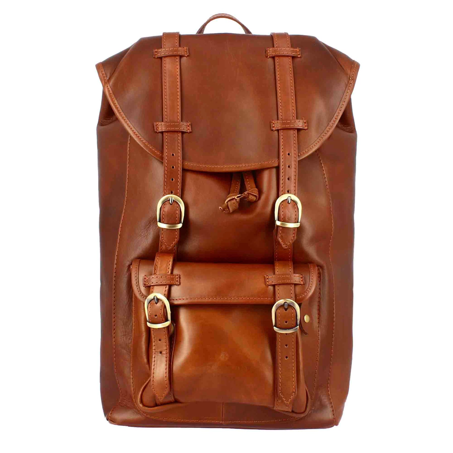Brown leather travel backpack with buckles