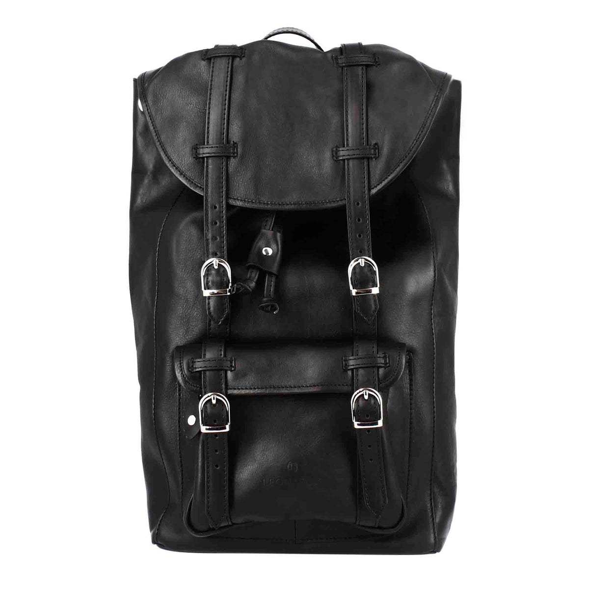 Black leather travel backpack with buckles