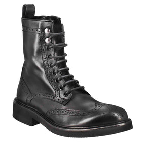 Women's amphibious ankle boot with paupa brogue details in black washed leather