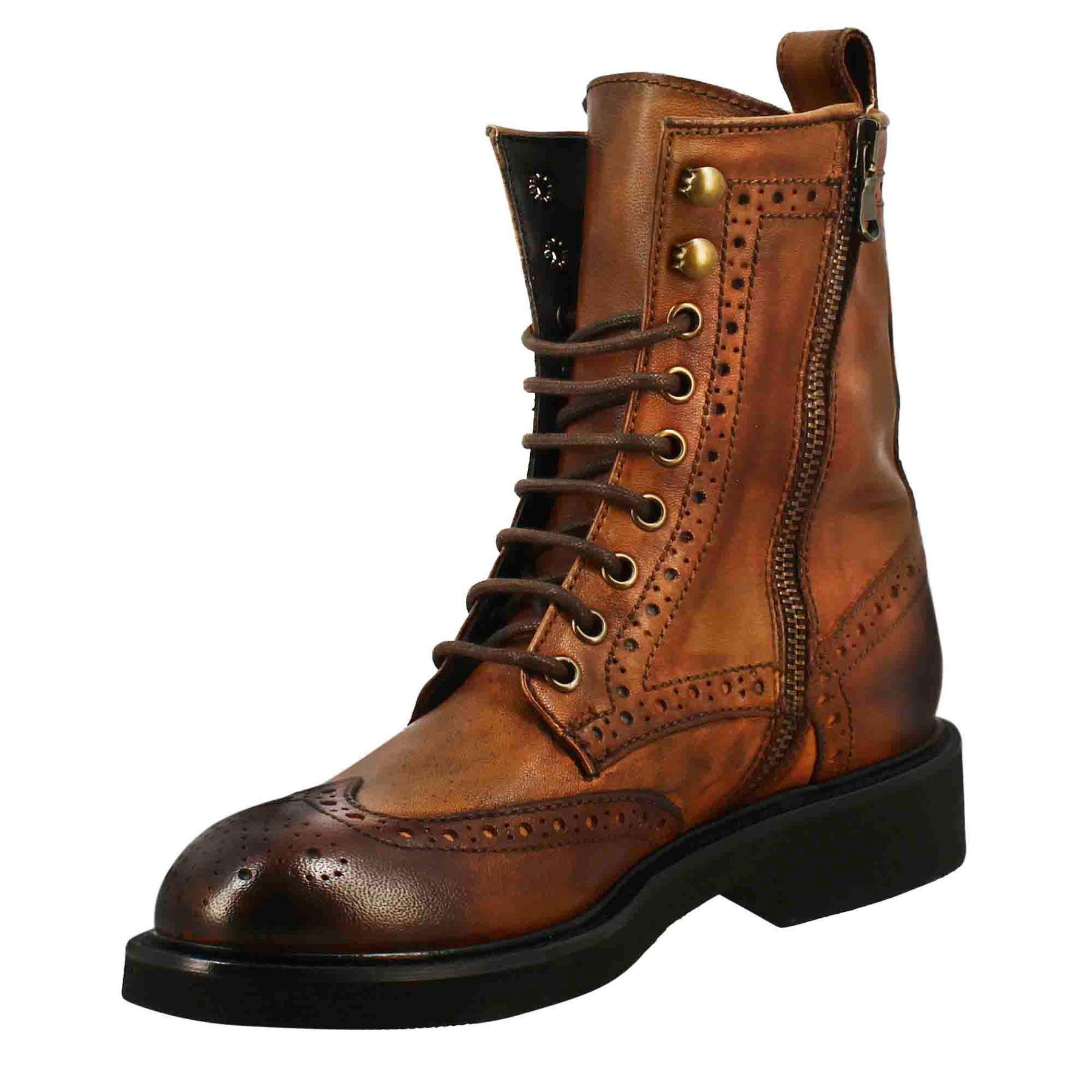 Women's amphibious ankle boot with brogue details in washed leather in dark tan colour