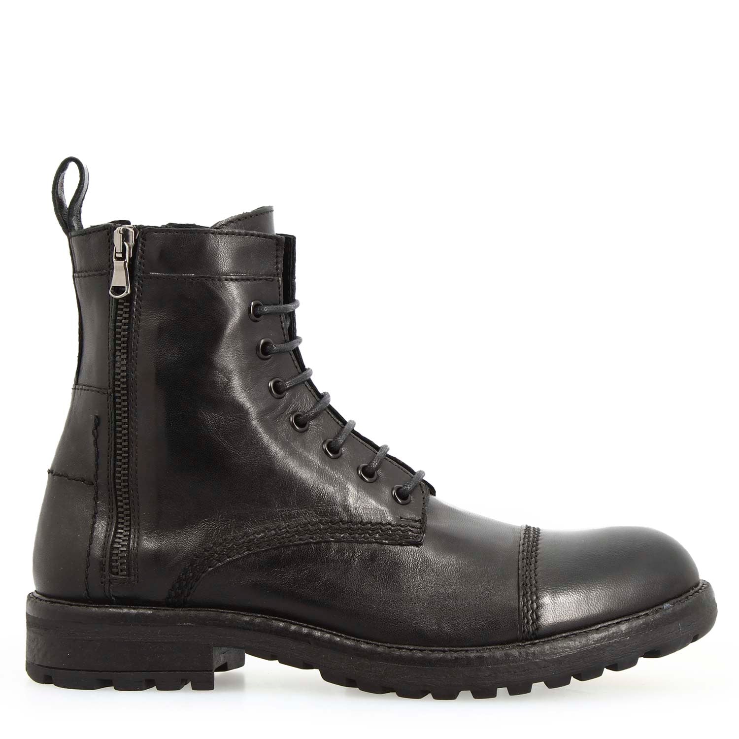 Men's black leather lace-up ankle boot with double zipper