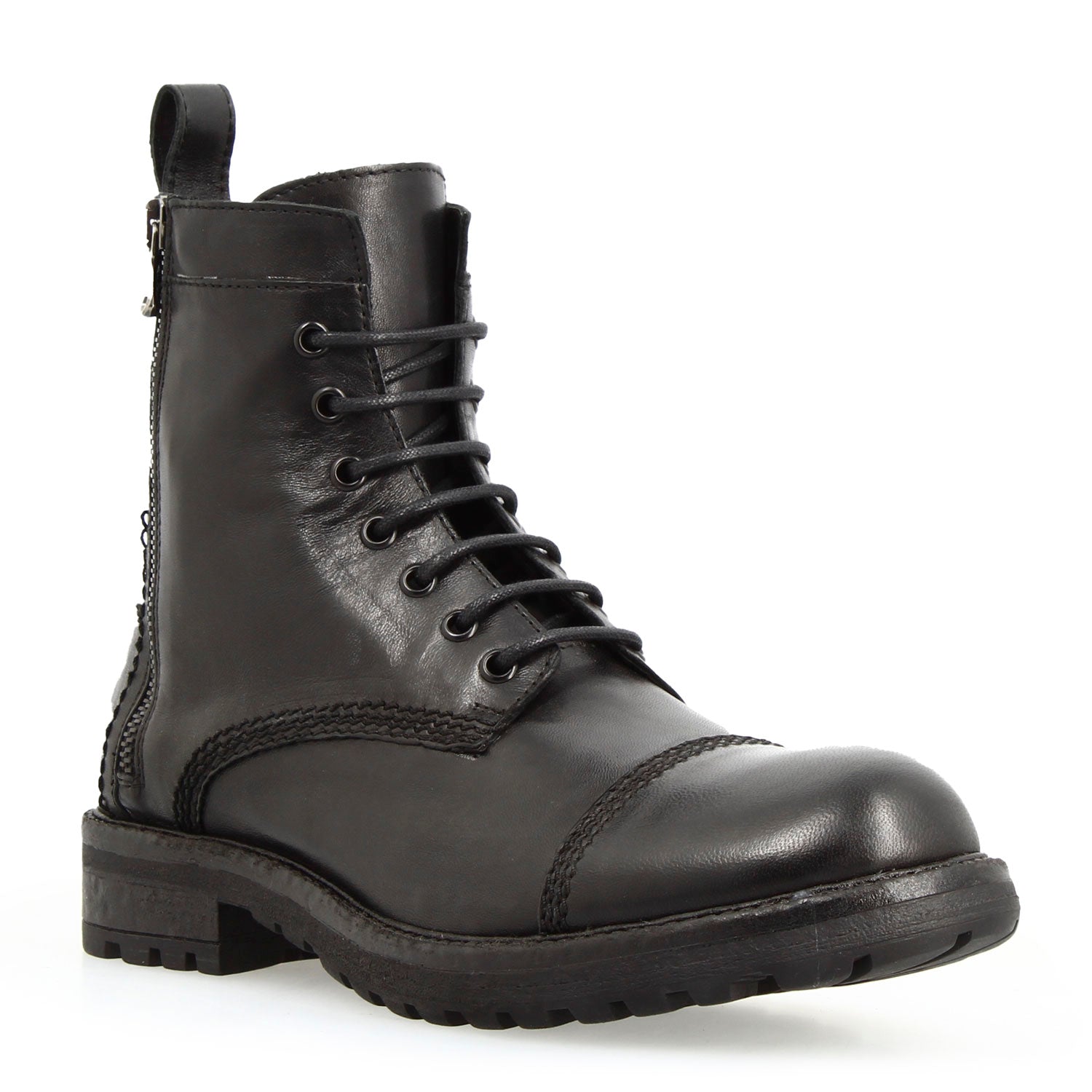 Men's black leather lace-up ankle boot with double zipper