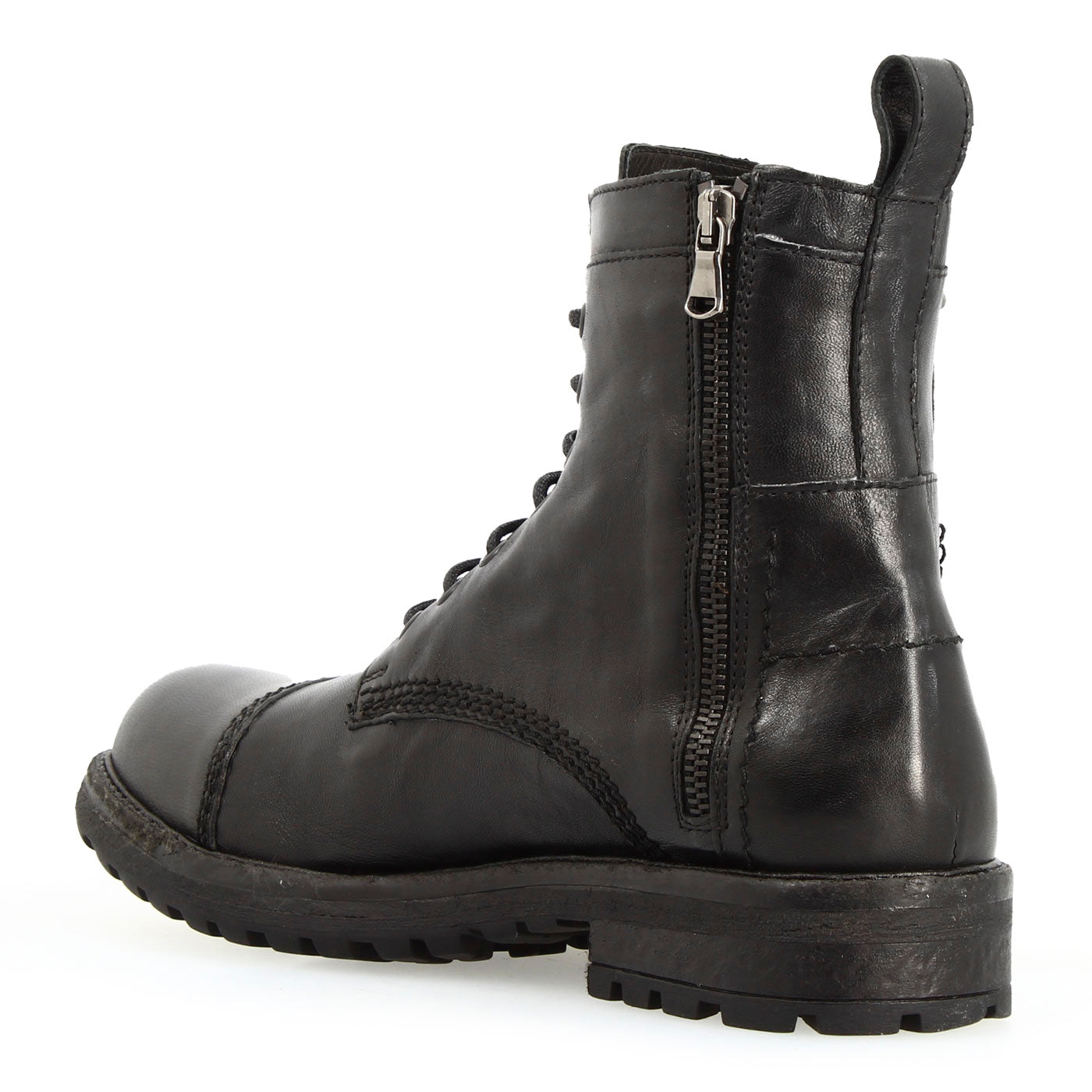 Men's black leather lace-up ankle boot with double zipper