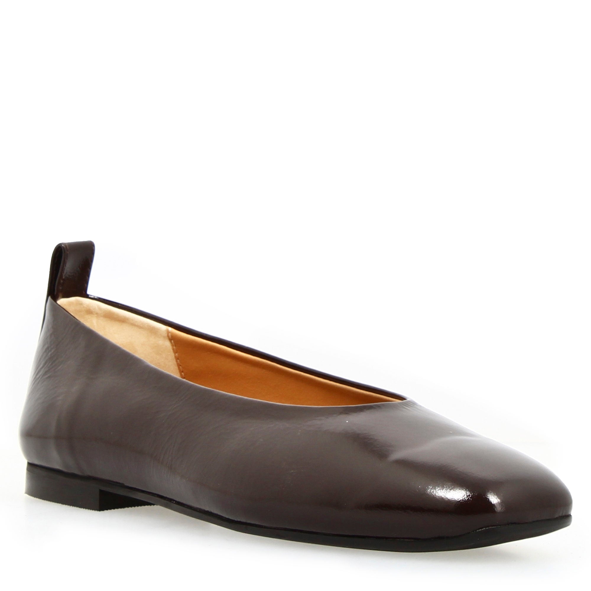 Women's handmade ballerina flat in dark brown shiny leather