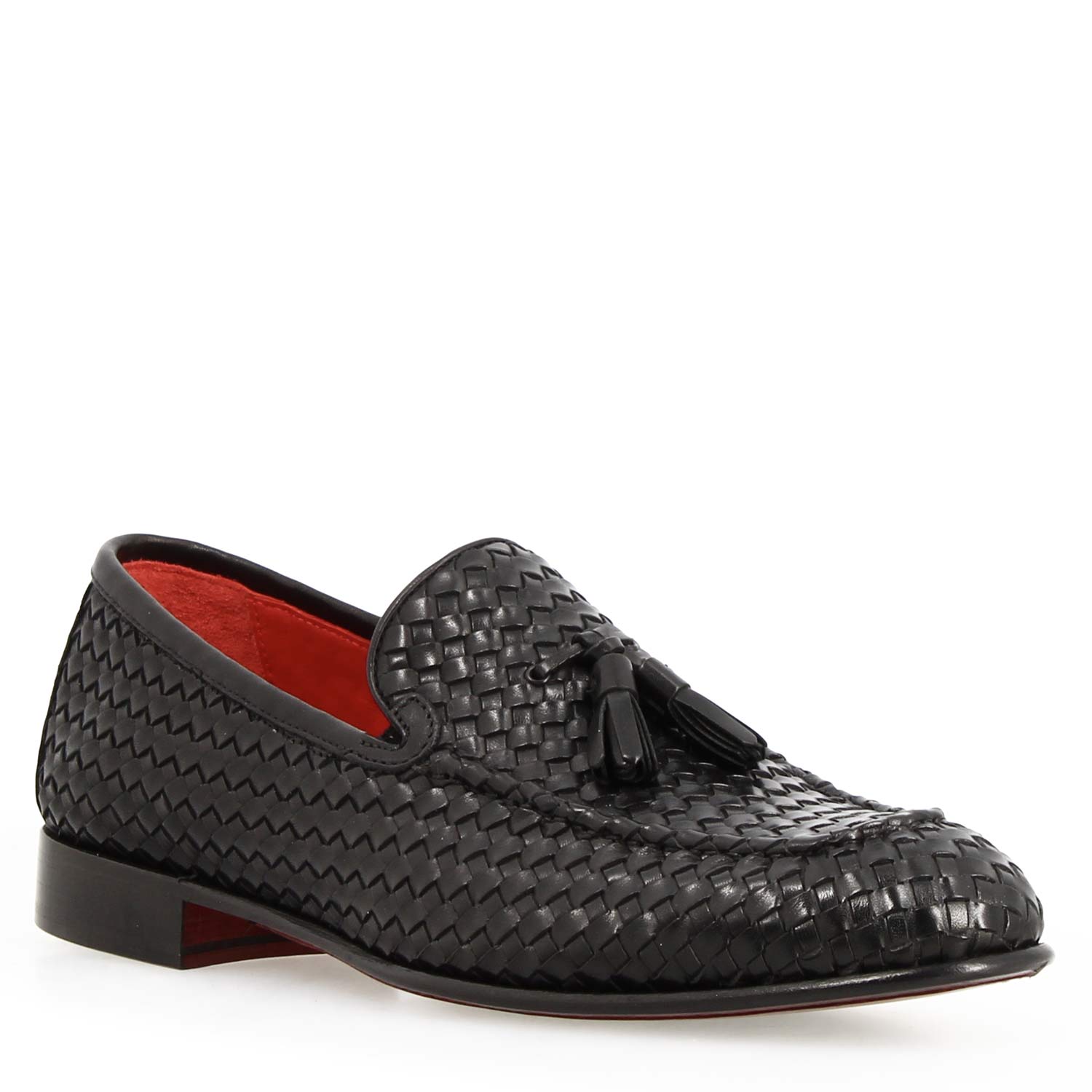 Black woven leather moccasin for men