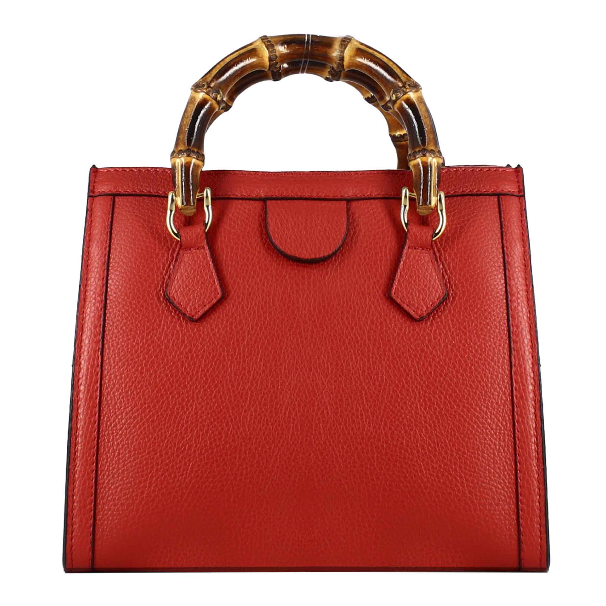 Women's red leather Bamboo bag with wooden handles and shoulder strap