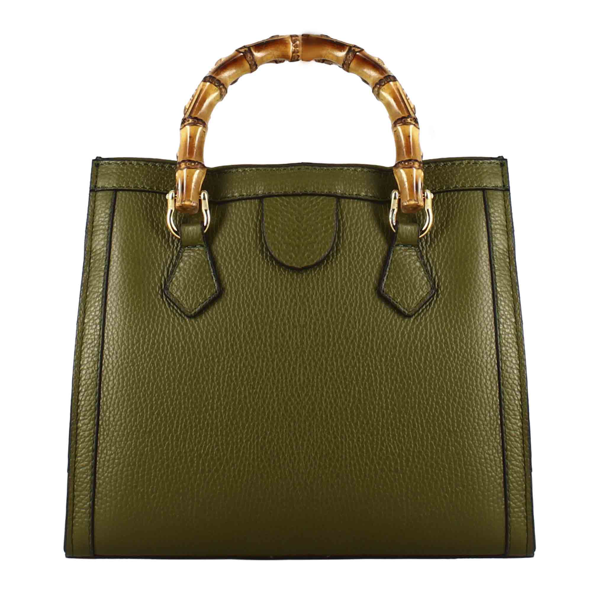 Women's green leather Bamboo bag with wooden handles and shoulder strap