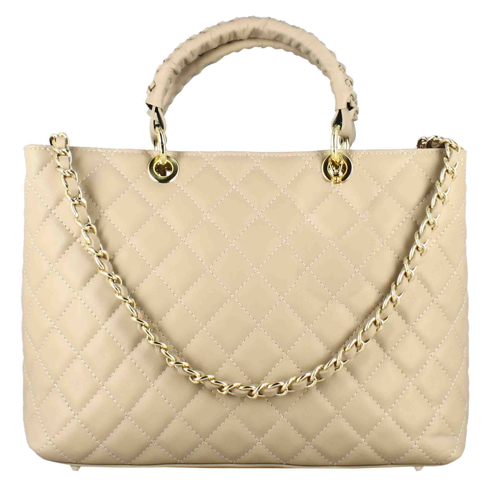Vanity shopper bag with quilted leather shoulder strap beige colour