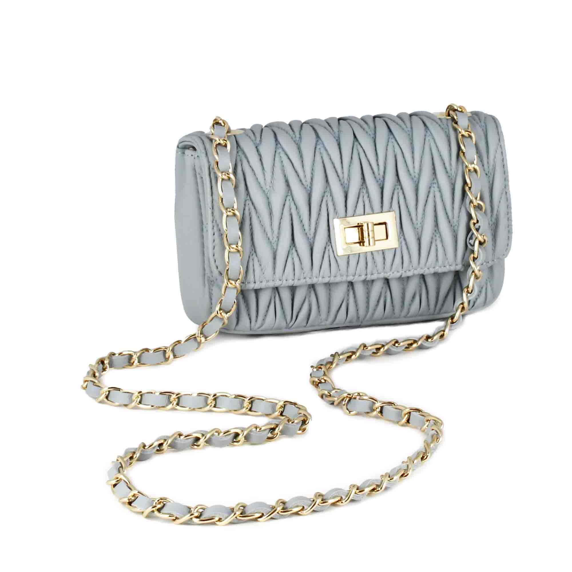 Sac à main pour femme en cuir bleu clair avec bandoulière bijou
