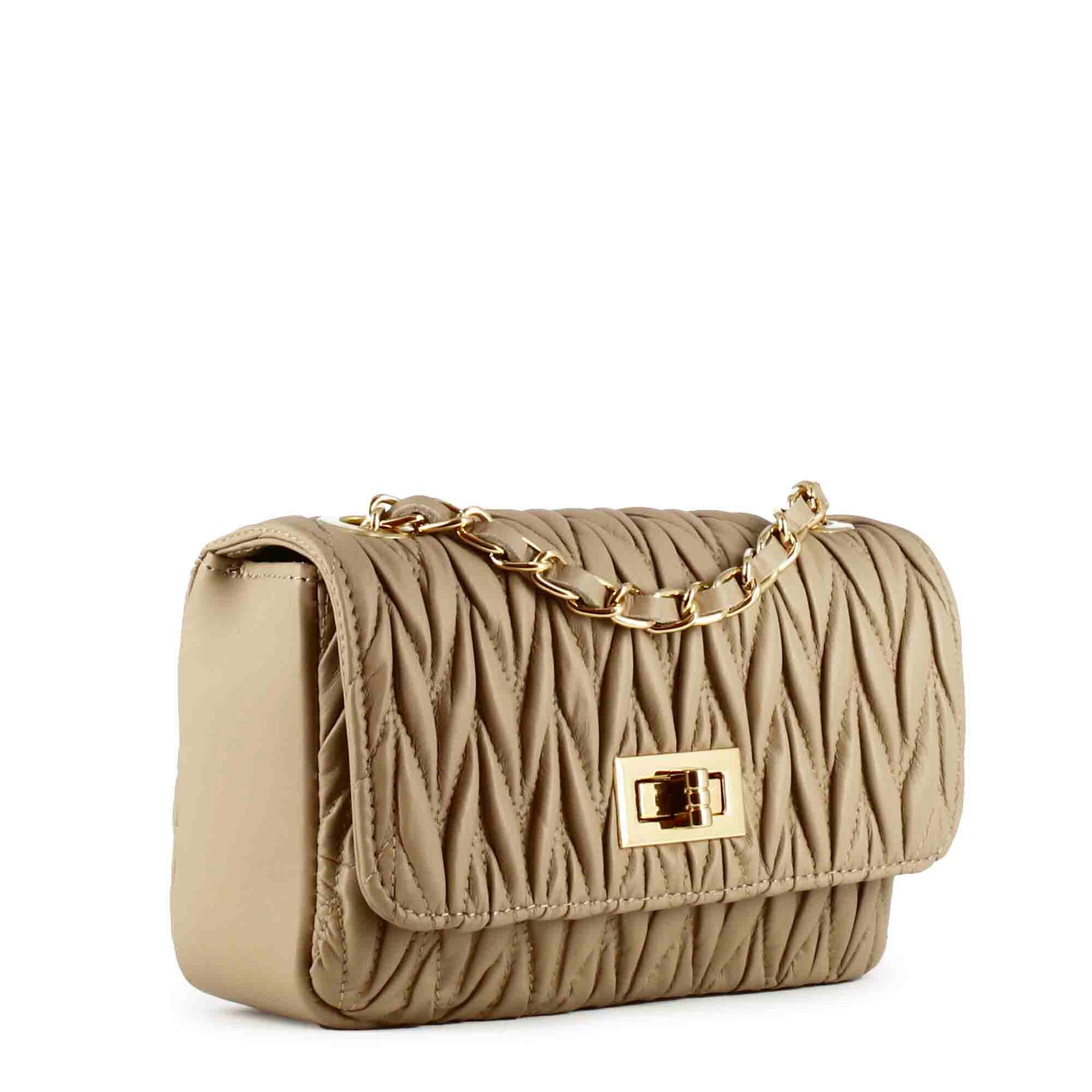 Beige Damenhandtasche aus Leder mit schmuckvollem Schulterriemen