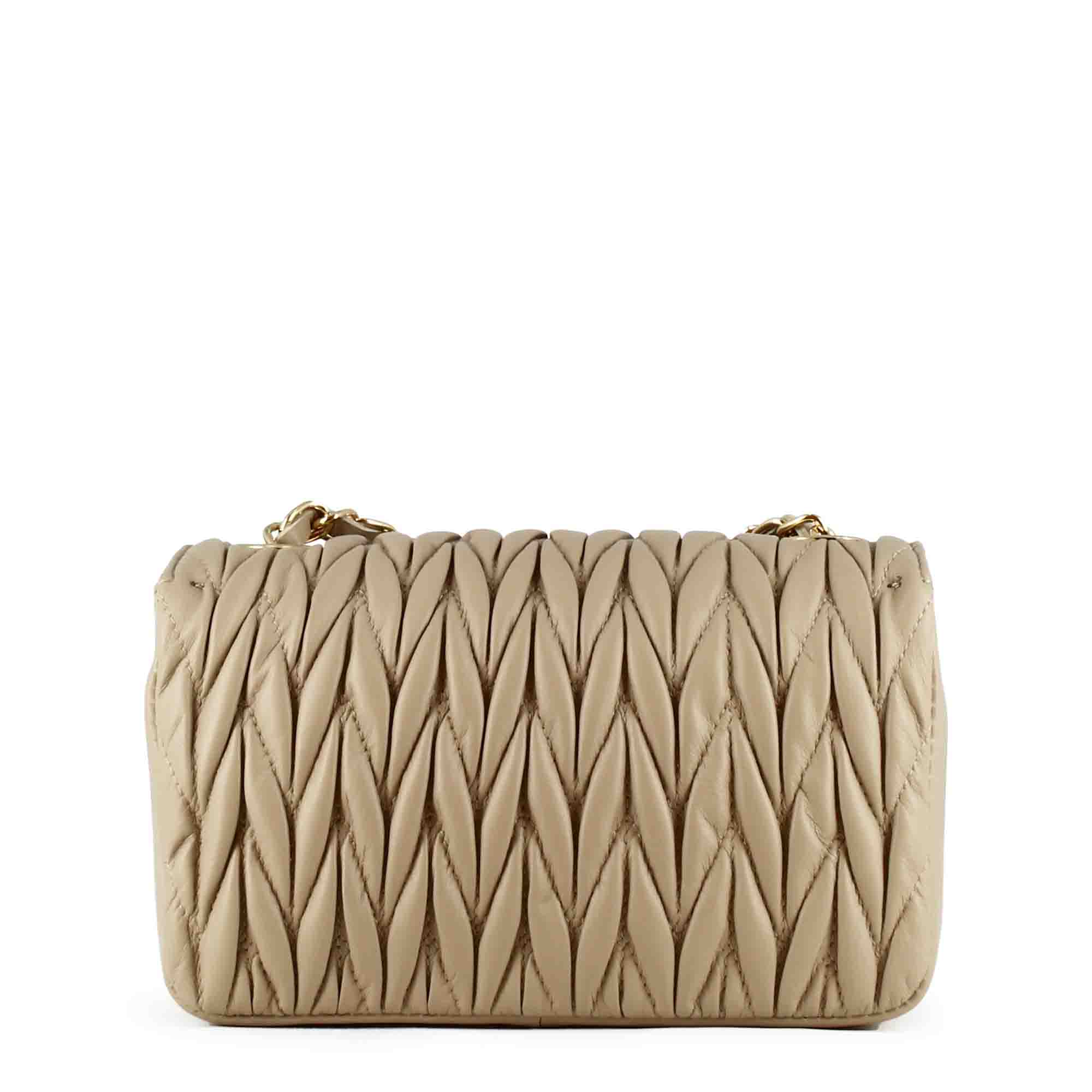 Beige Damenhandtasche aus Leder mit schmuckvollem Schulterriemen