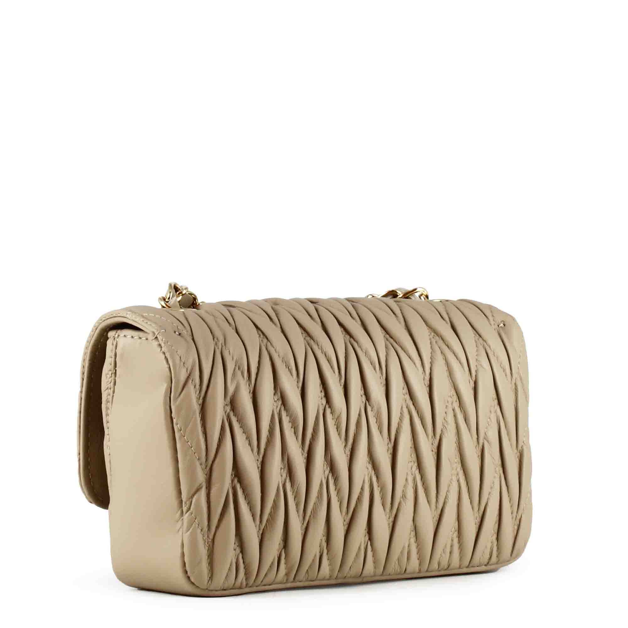 Beige Damenhandtasche aus Leder mit schmuckvollem Schulterriemen
