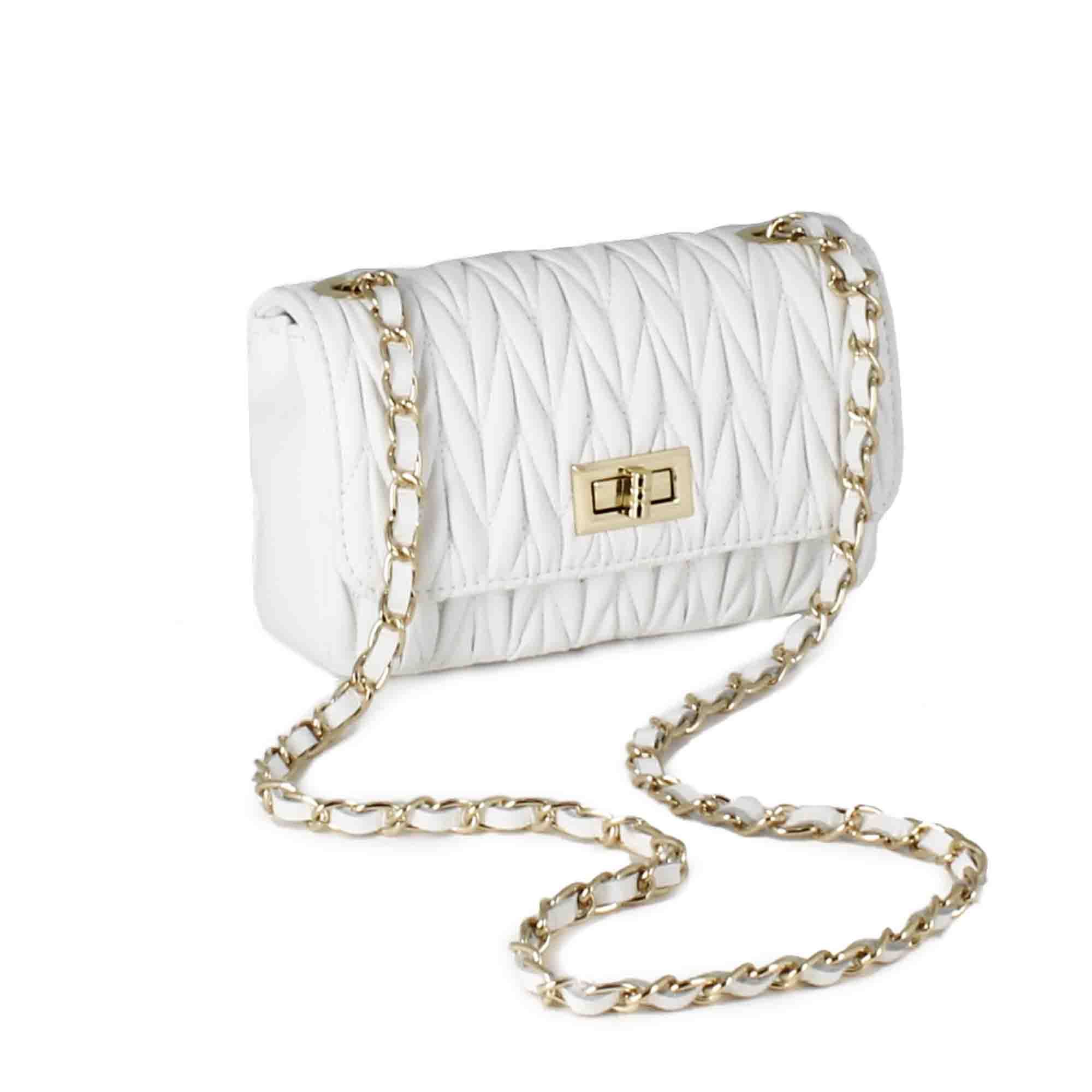Sac à main pour femme en cuir blanc avec bandoulière bijou