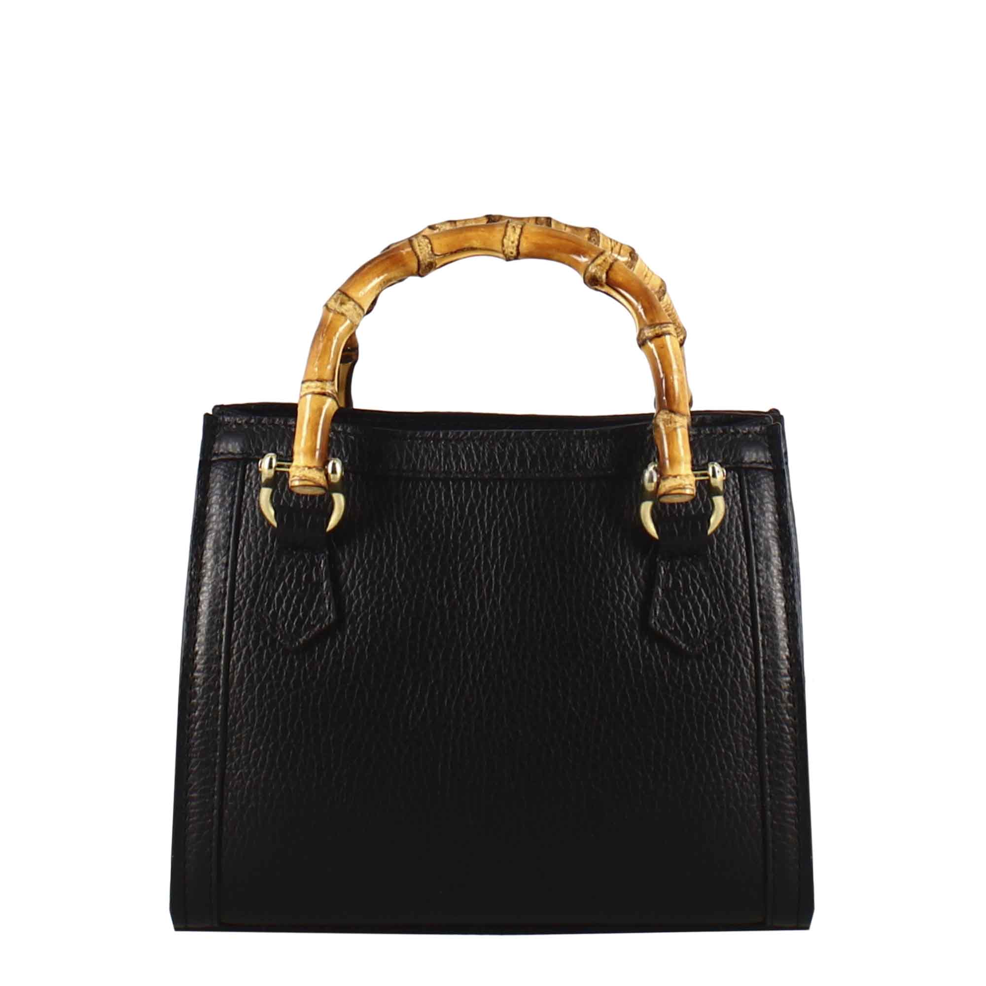 Black leather mini Bamboo handbag for women with wooden handles and shoulder strap