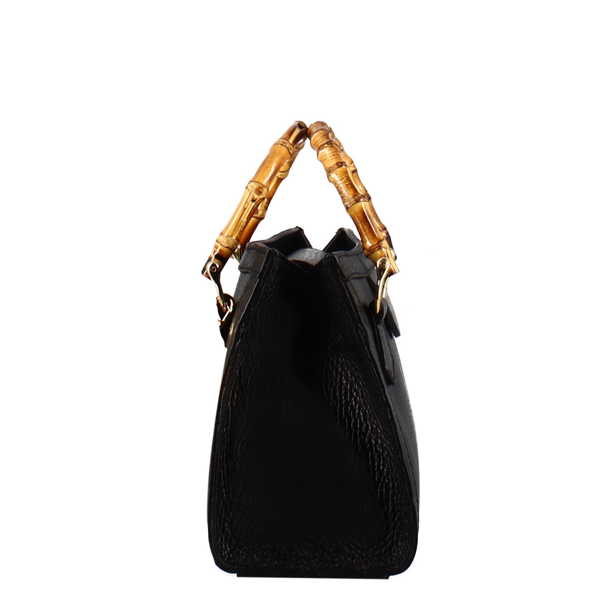 Black leather mini Bamboo handbag for women with wooden handles and shoulder strap