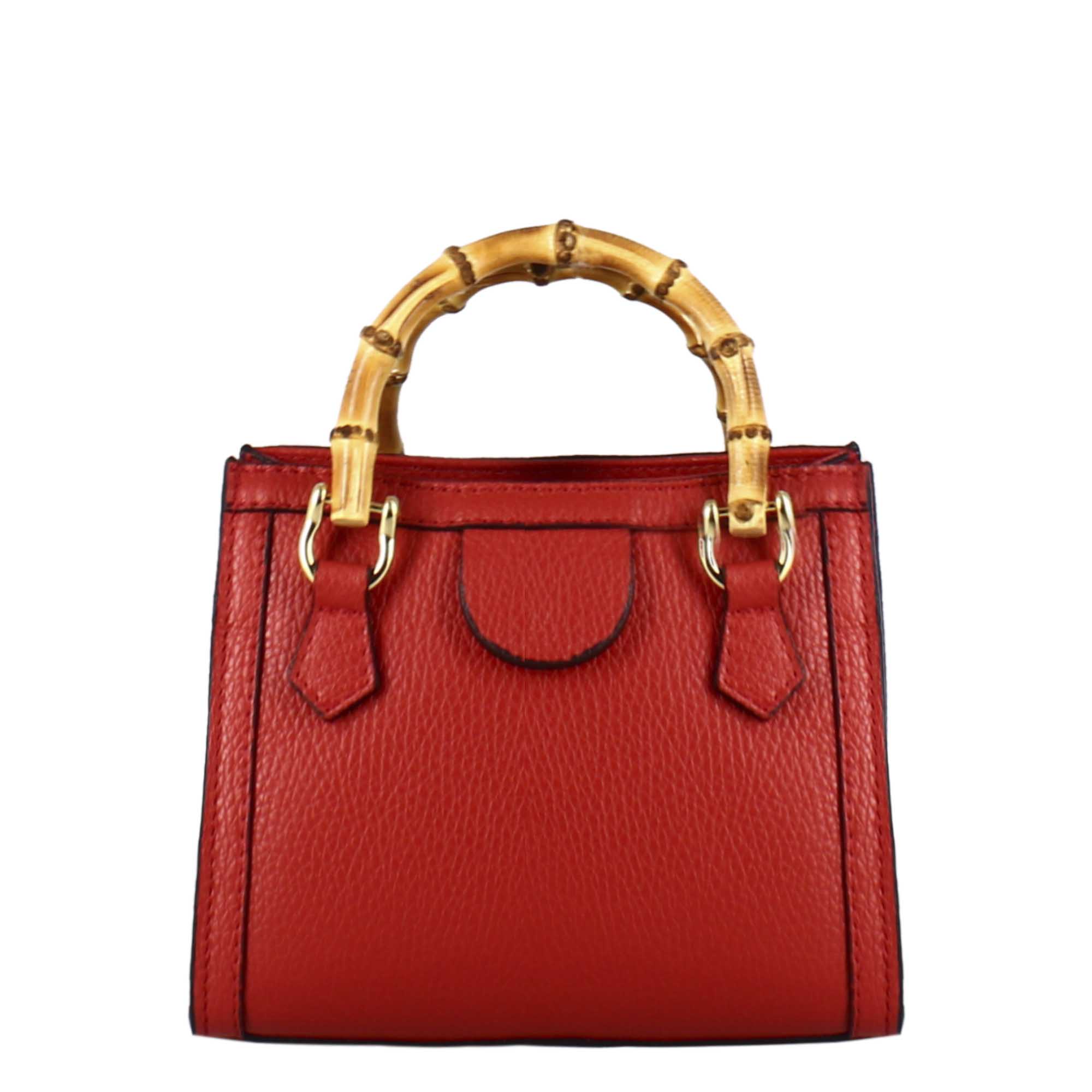 Red leather mini Bamboo handbag for women with wooden handles and shoulder strap