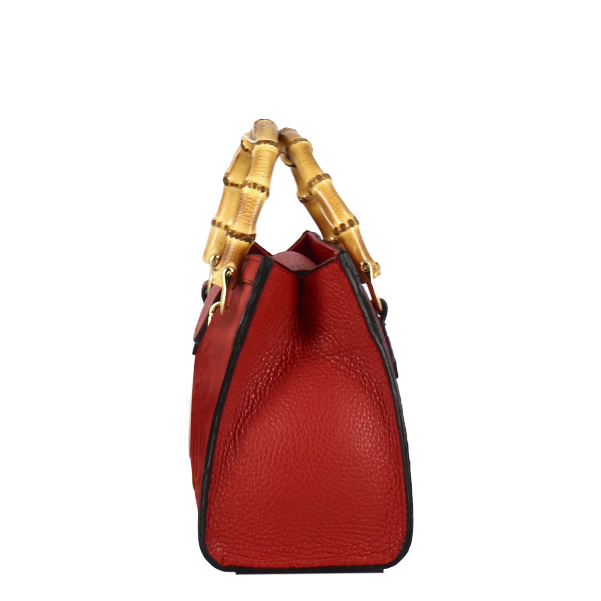Red leather mini Bamboo handbag for women with wooden handles and shoulder strap