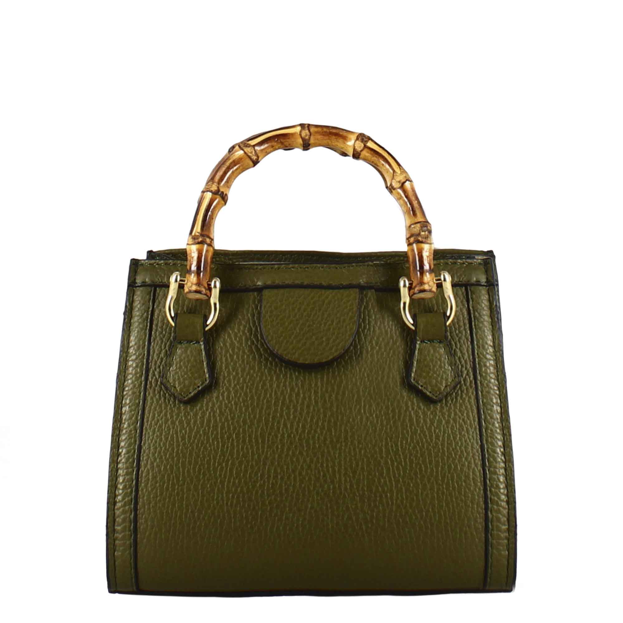 Green leather mini Bamboo handbag for women with wooden handles and shoulder strap