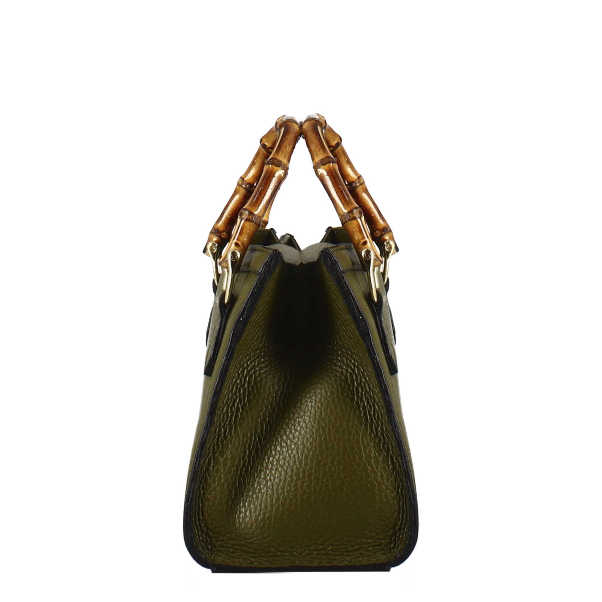 Green leather mini Bamboo handbag for women with wooden handles and shoulder strap