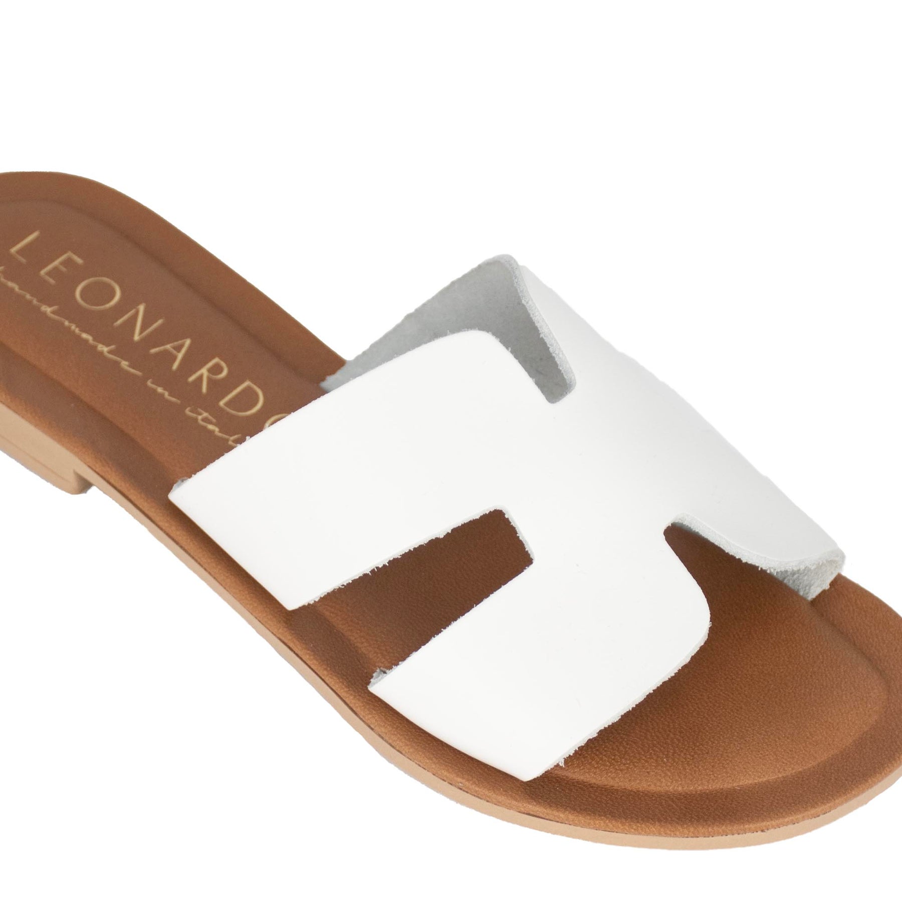 White and brown leather women's slippers