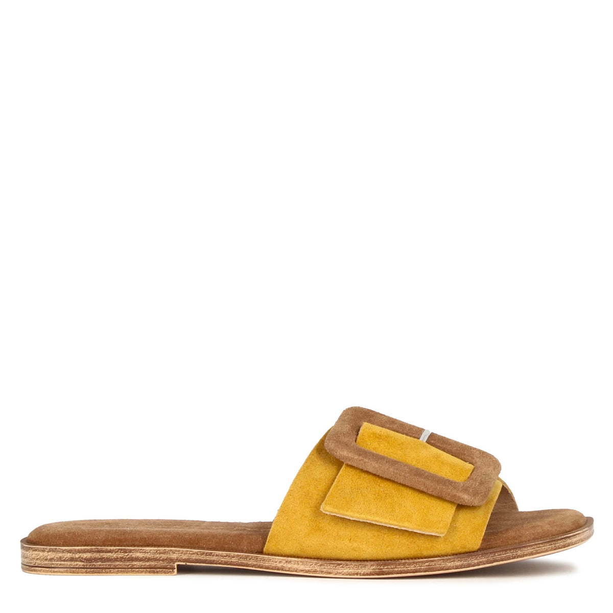 Women's yellow and brown suede slippers