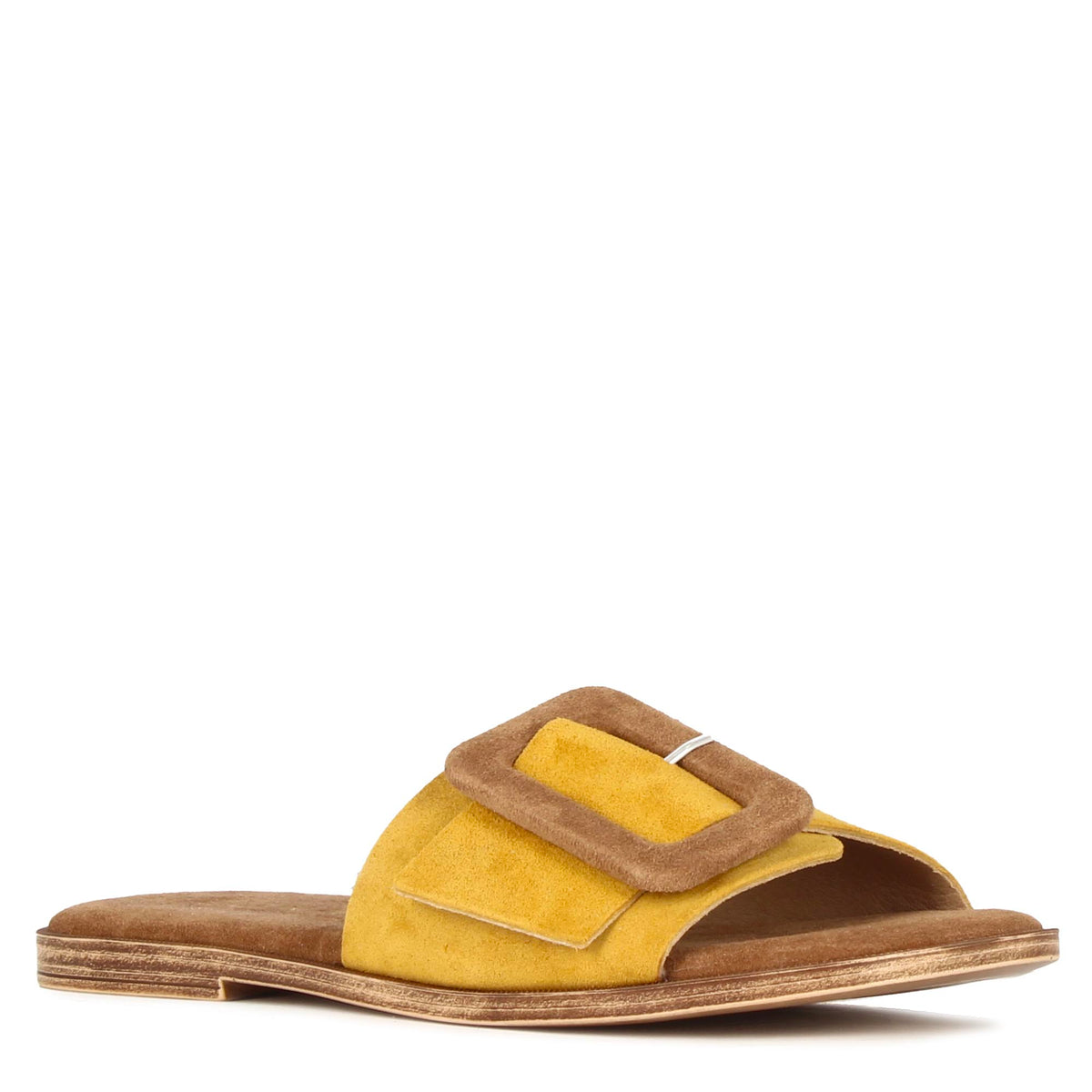 Women's yellow and brown suede slippers