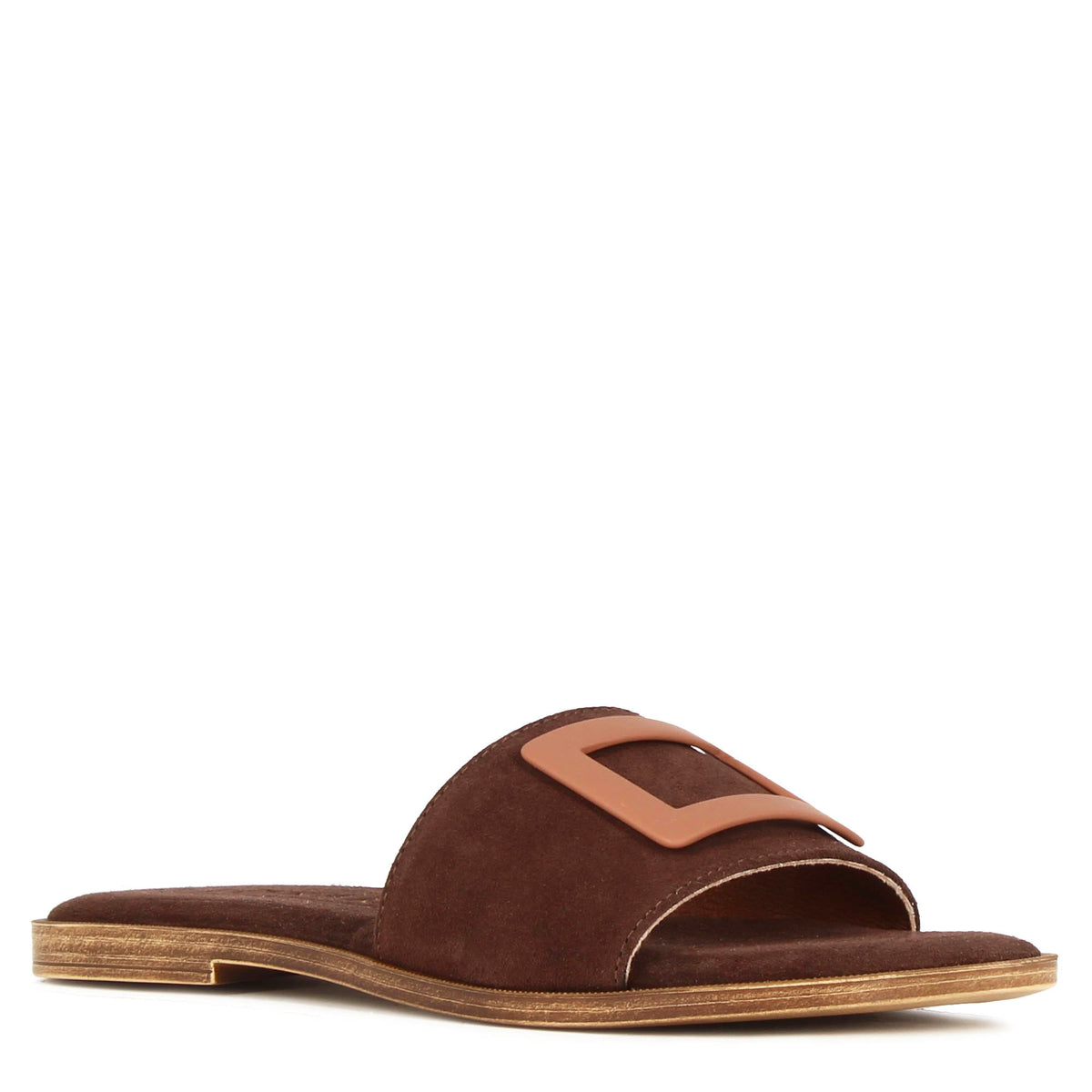 Women's suede slippers with dark brown band