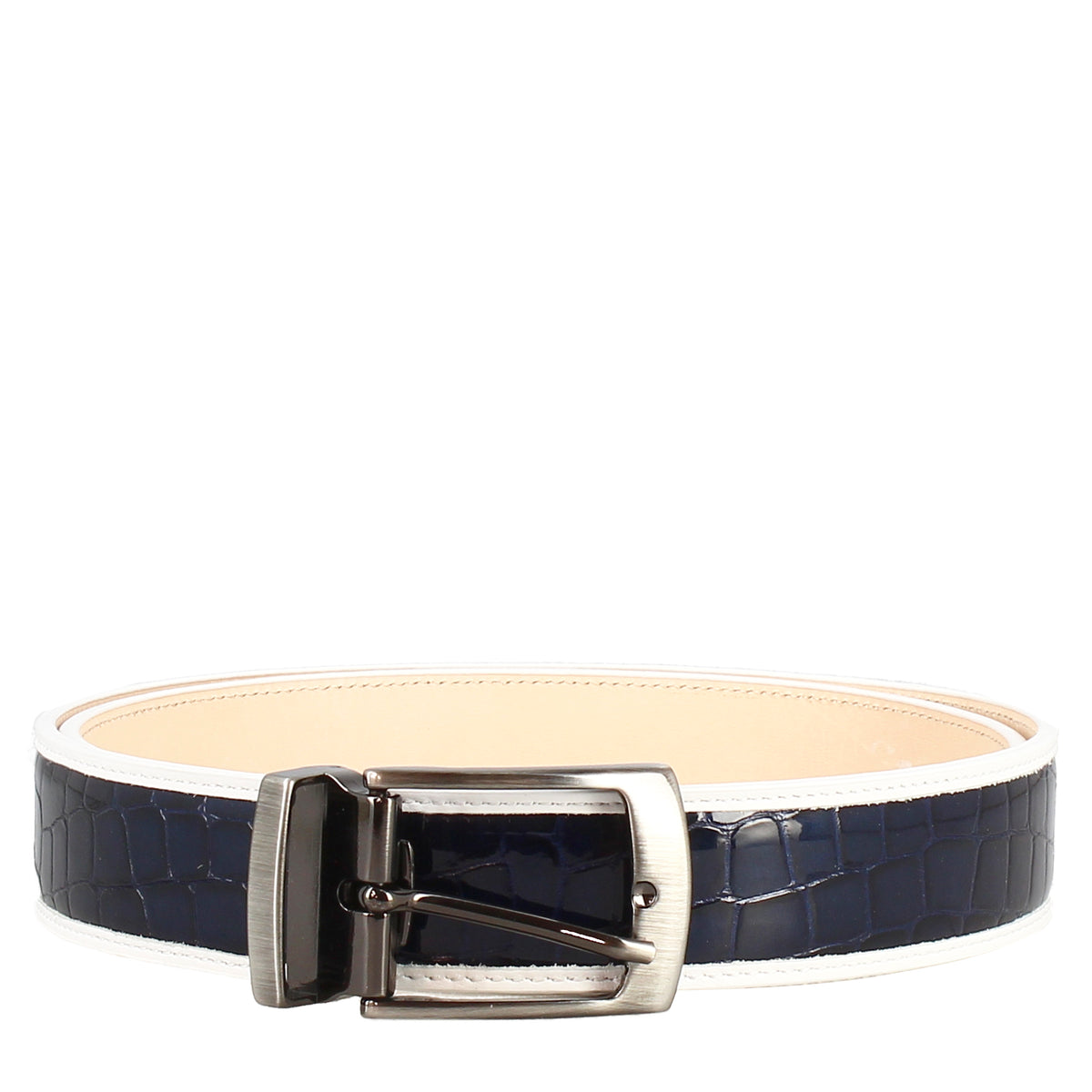 Men's handmade two-tone leather python print belt with metal buckle