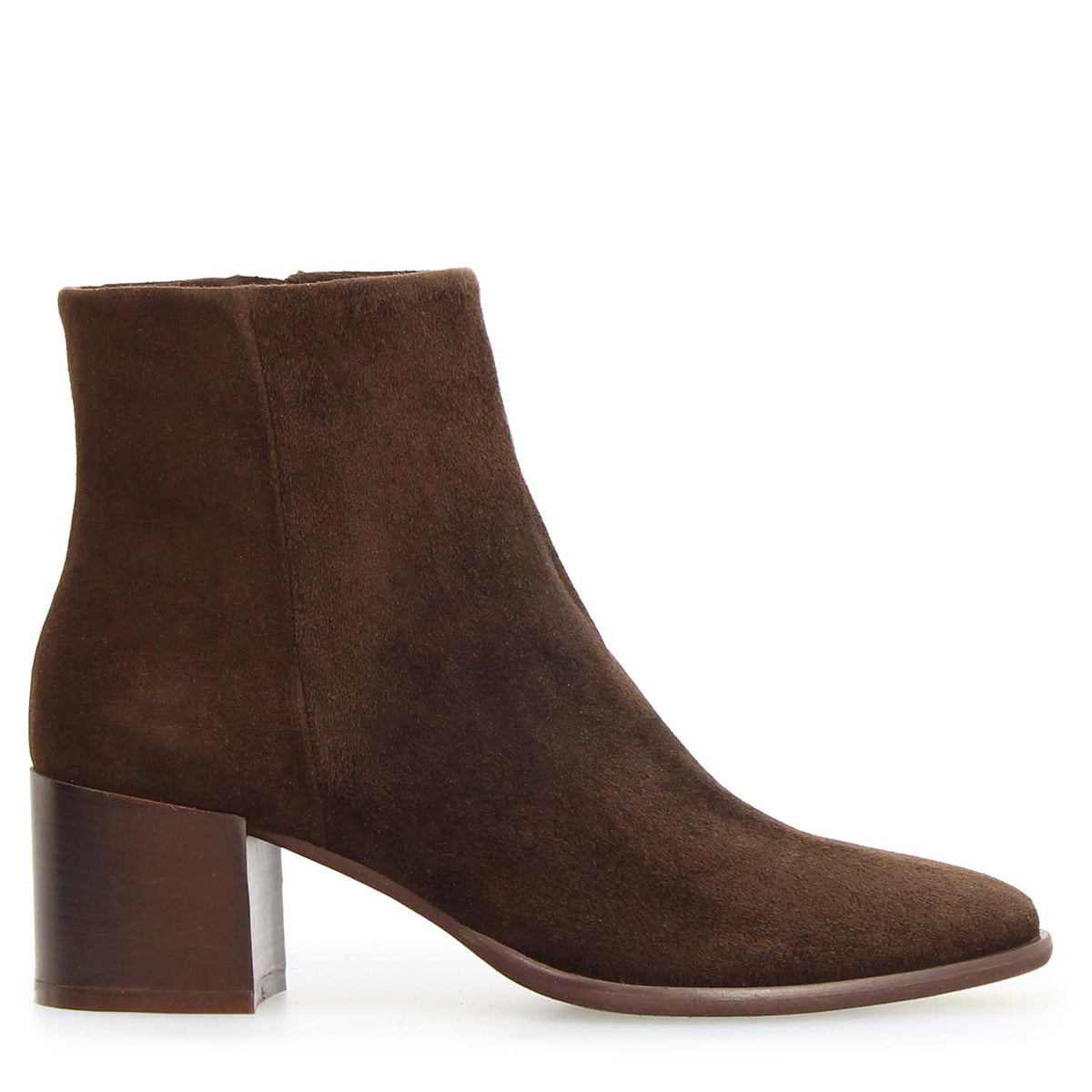 Circe dark brown suede ankle boot for women with square heel - side view