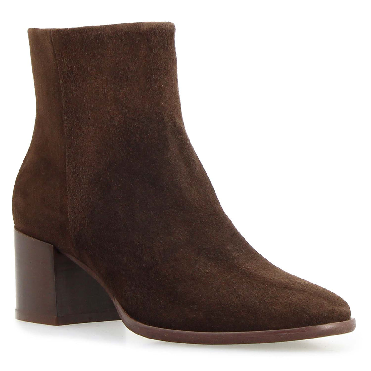 Circe dark brown suede boot with almond toe - three quarter view