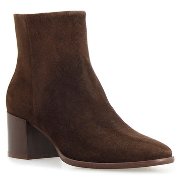 Circe dark brown suede boot with almond toe - three quarter view