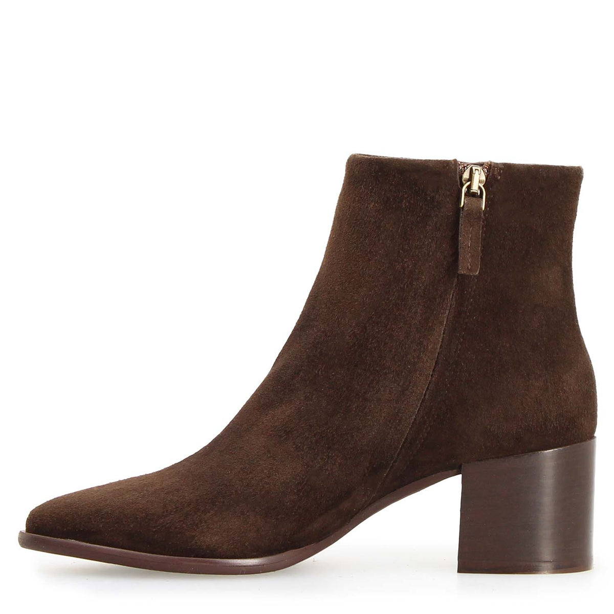 Gold-tone side zip with suede pull on the Circe dark brown boot