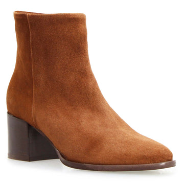 Circe tan suede boot with almond toe - three quarter view