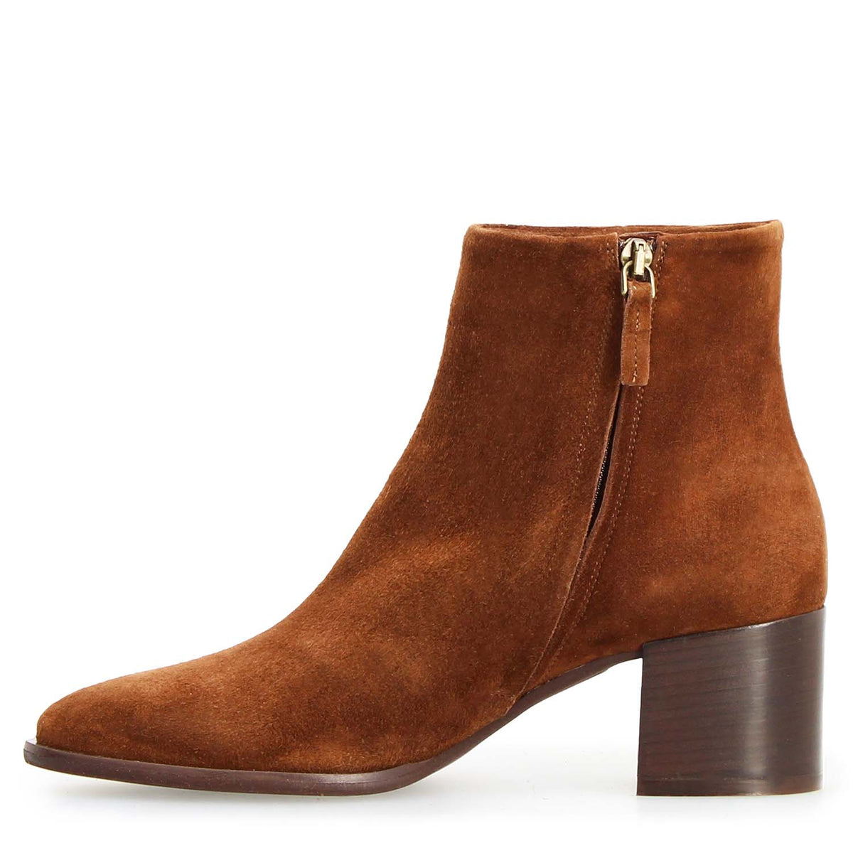Gold-tone side zip with suede pull on the Circe tan boot