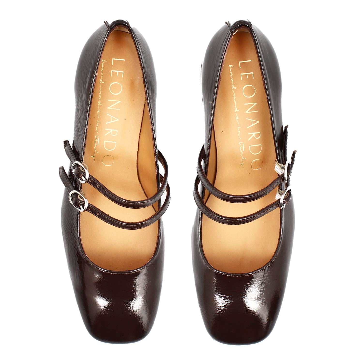Mary Jane décolleté in brown crumpled shiny leather