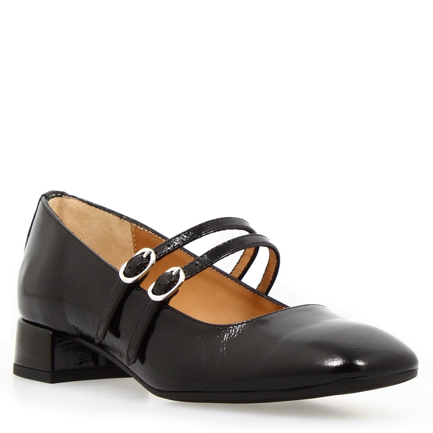Mary Jane pumps in black wrinkled shiny leather