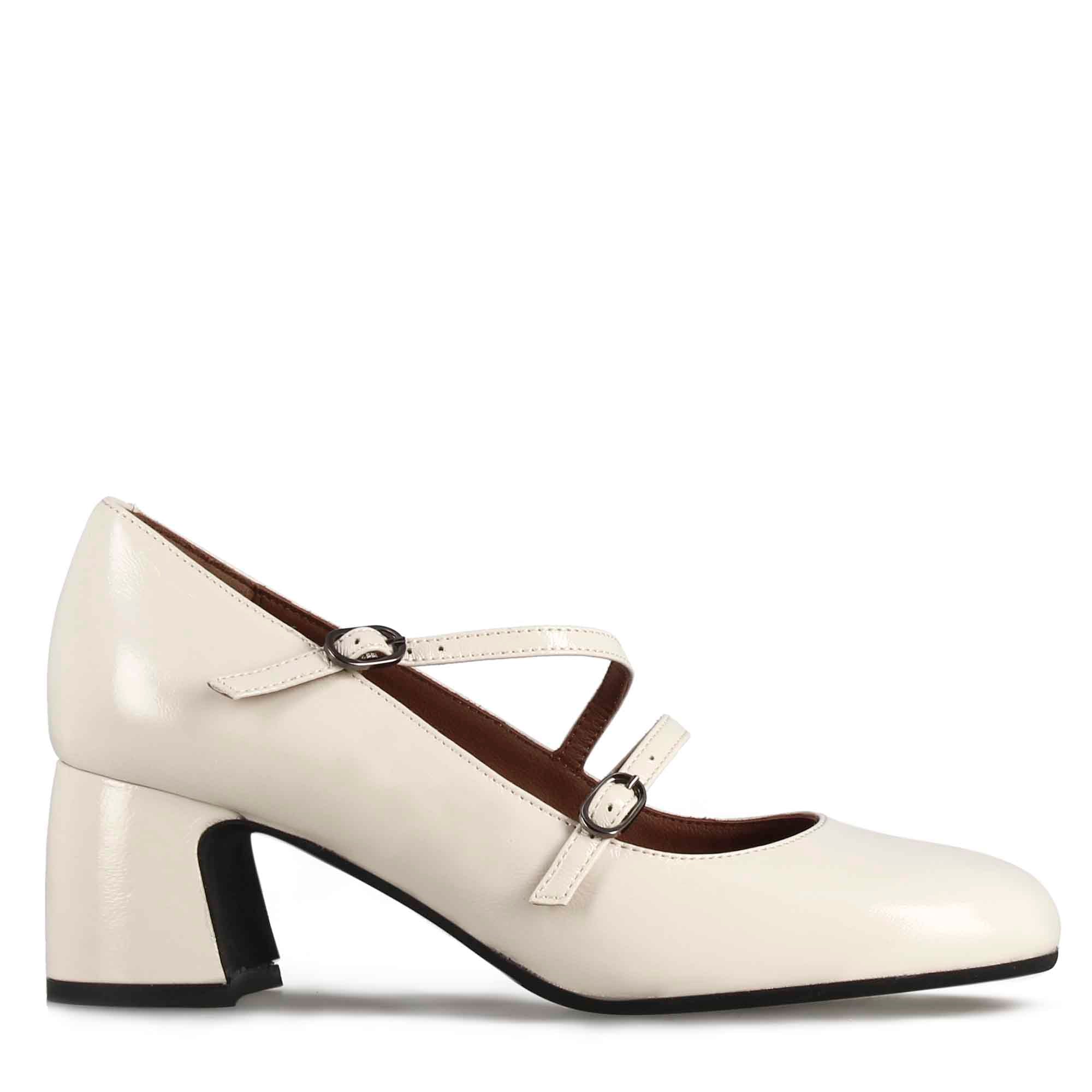 Décolleté Mary Jane en cuir verni beige avec double bride