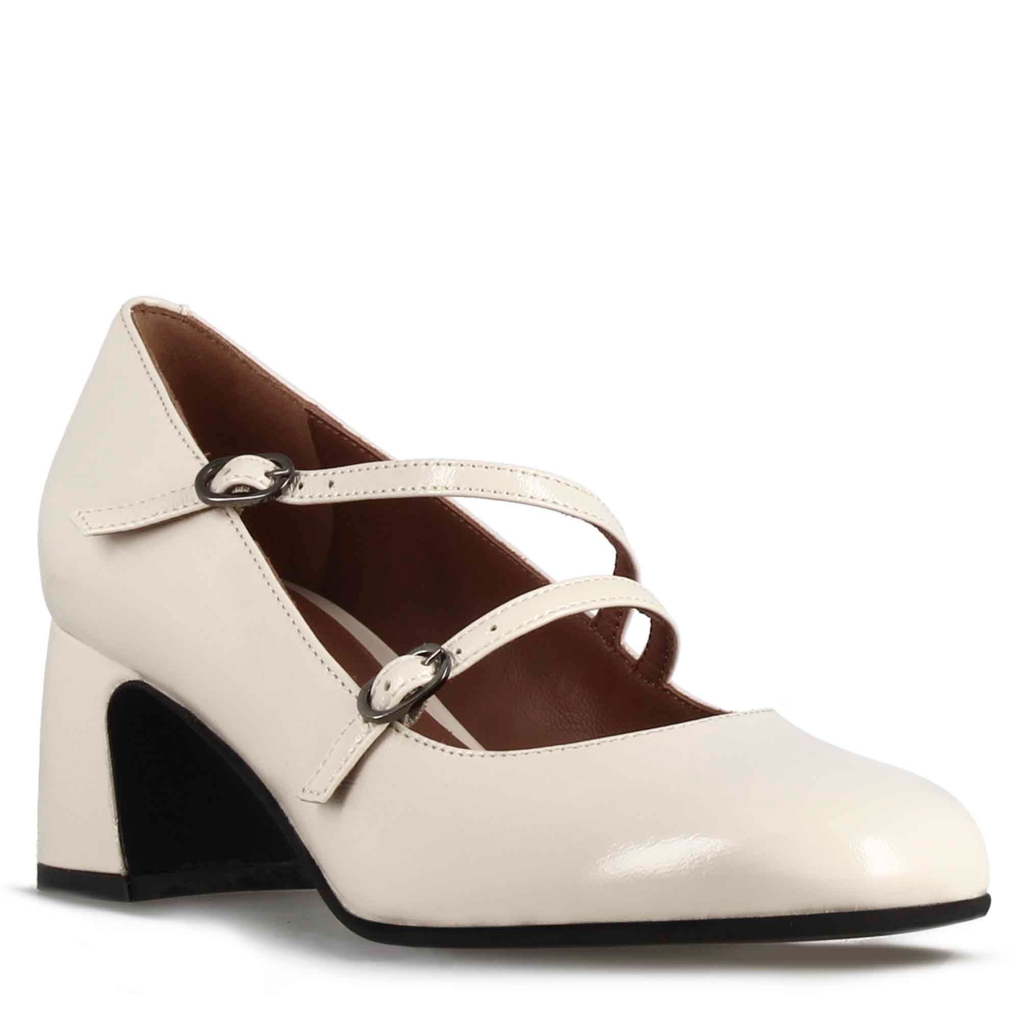 Décolleté Mary Jane en cuir verni beige avec double bride