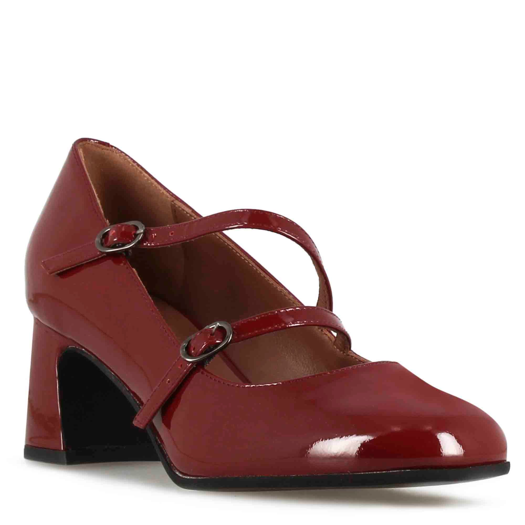 Décolleté Mary Jane en cuir verni bordeaux avec double bride