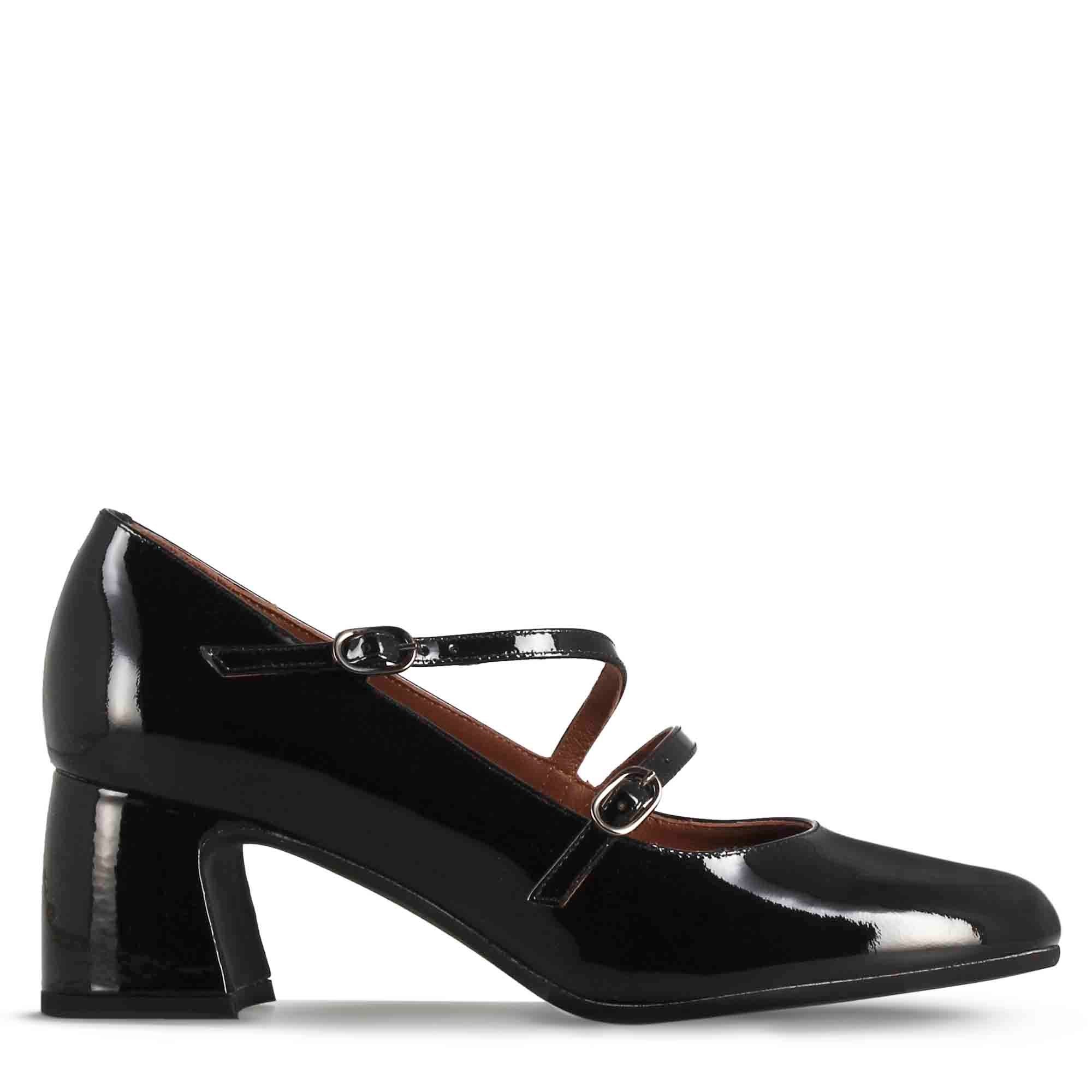 Mary Jane décolleté in black patent leather with double strap