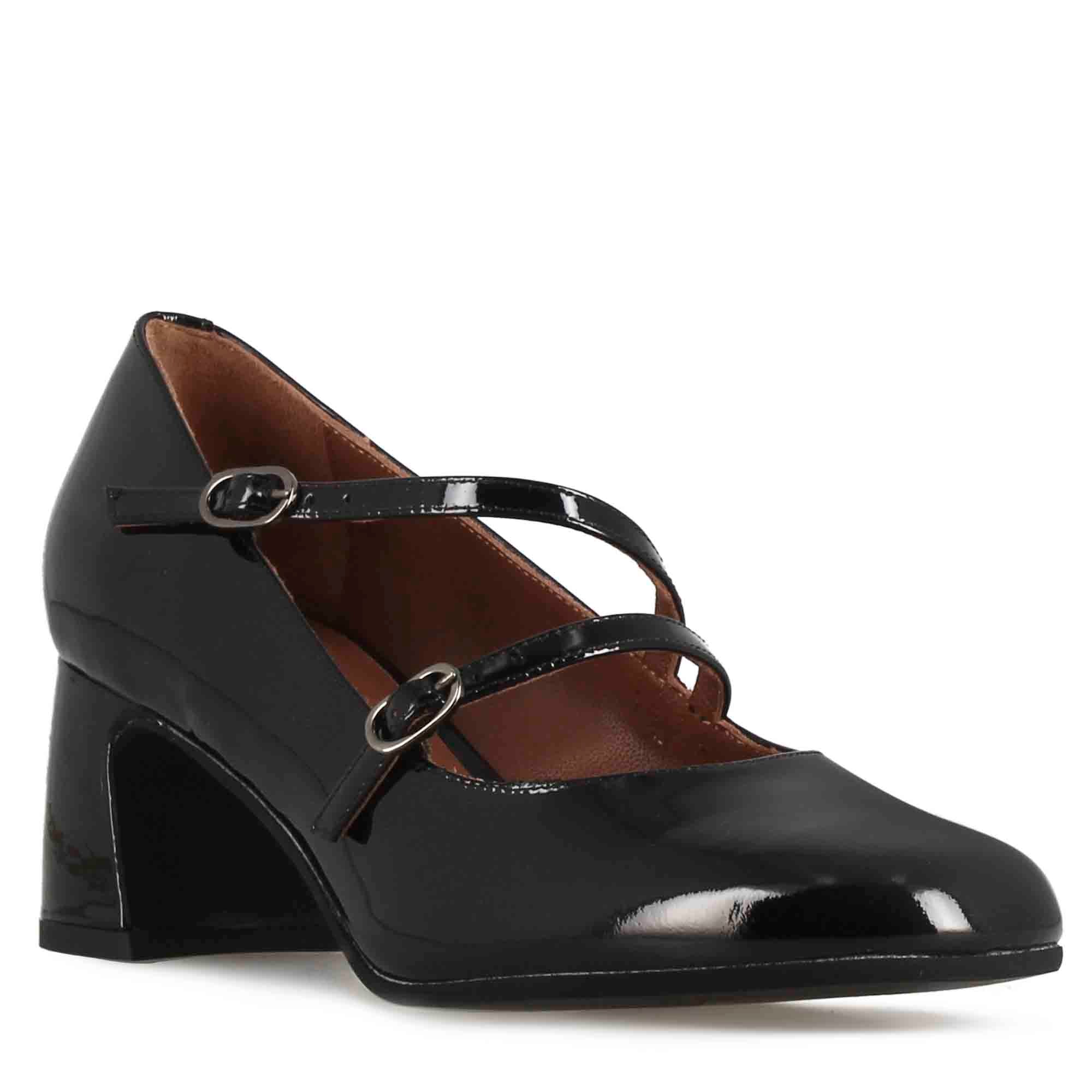 Décolleté Mary Jane en cuir verni noir avec double bride