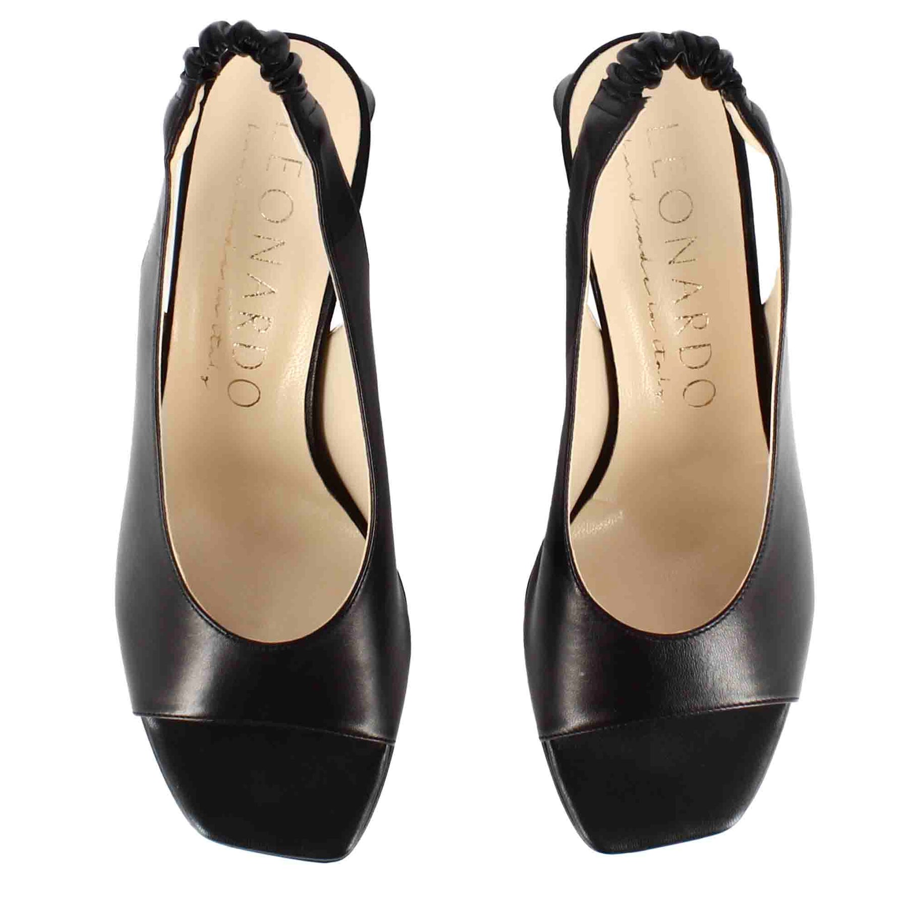 Damen-Slingback-Sandale aus schwarzem Leder mit quadratischer Spitze