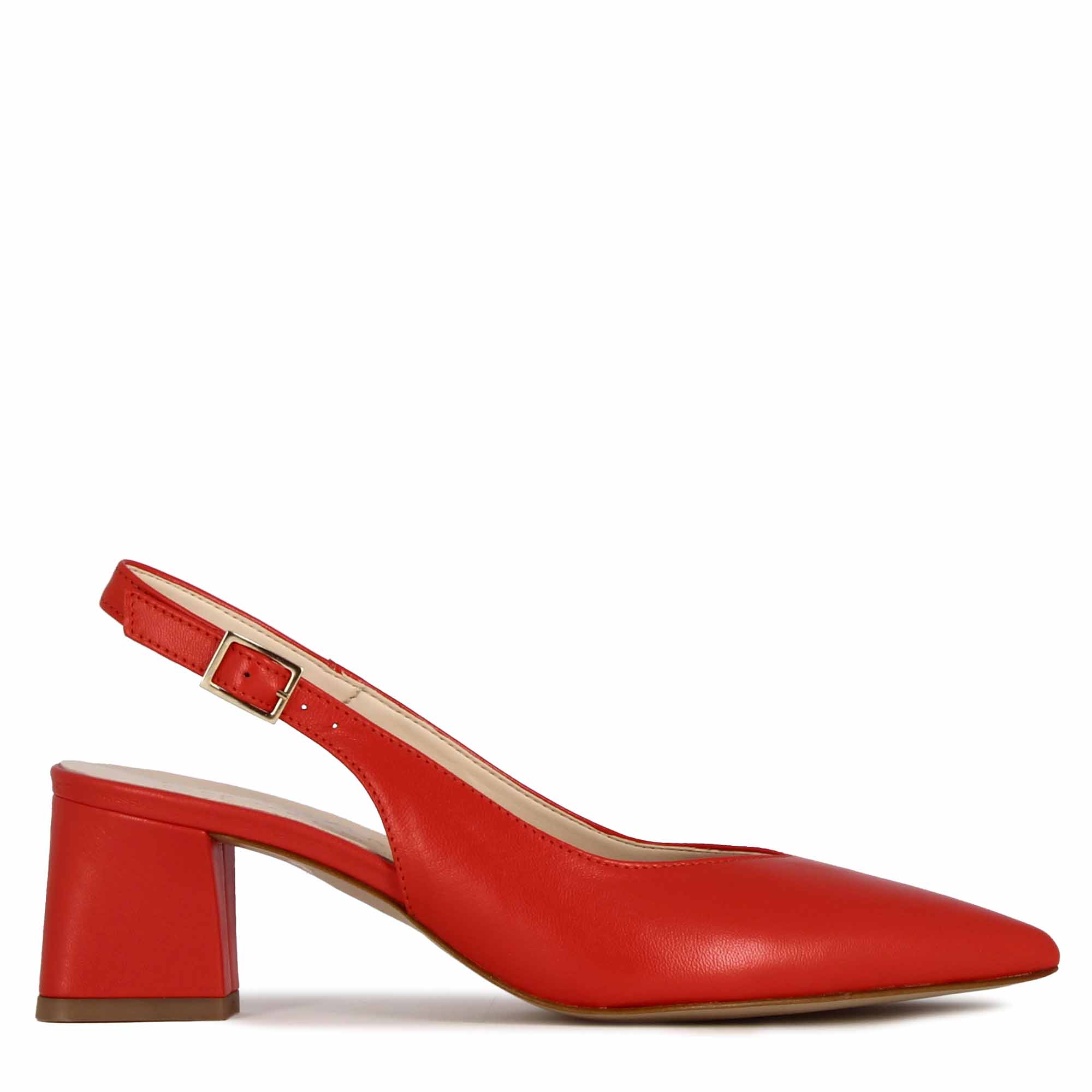 Décolleté slingback pour femme en cuir rouge à talon moyen