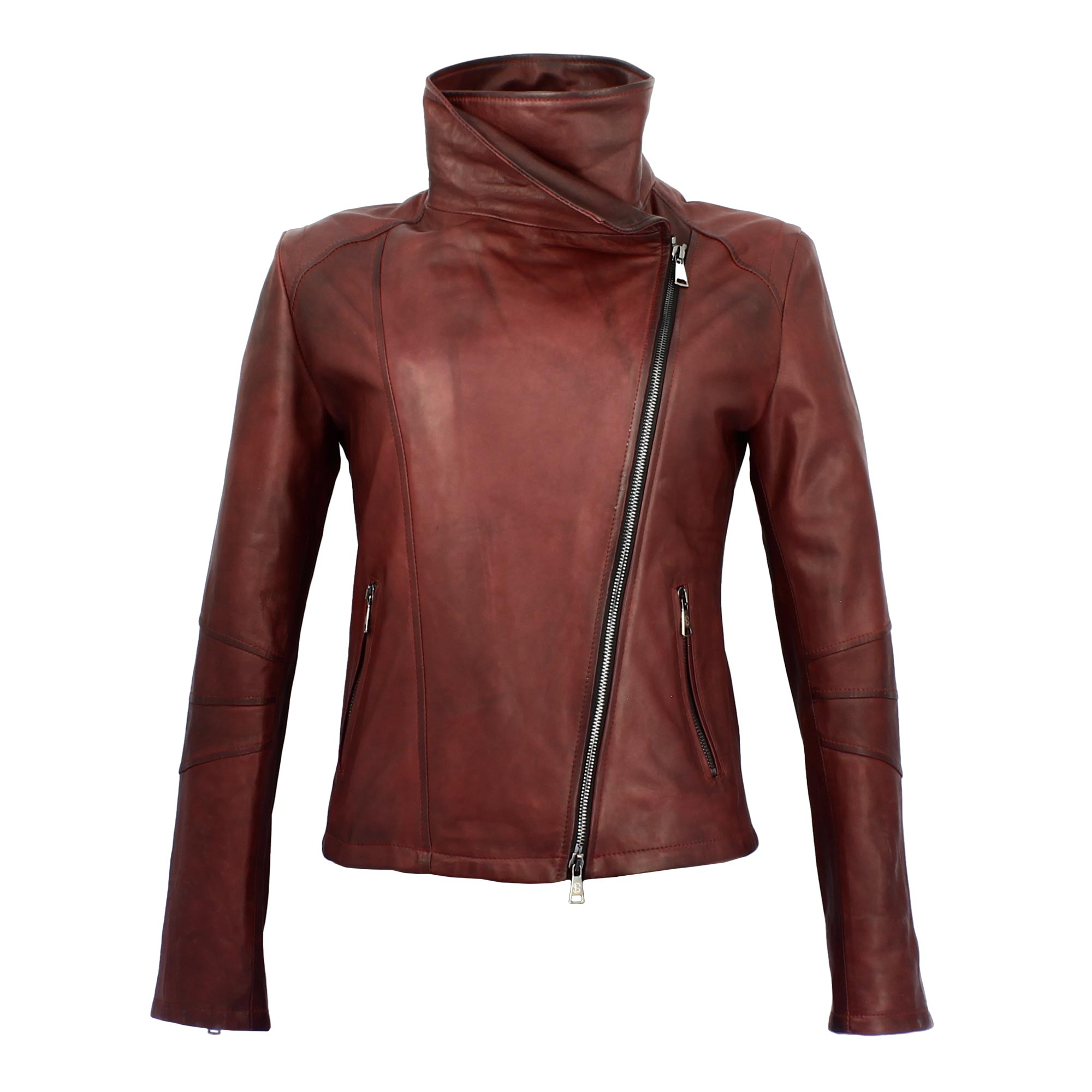 Women's burgundy leather jacket with high collar and double breasted