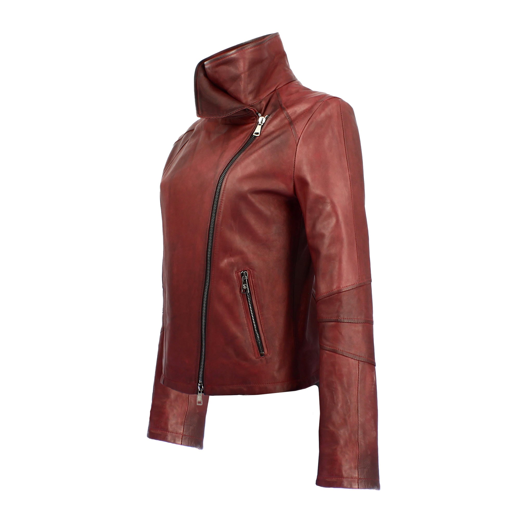 Women's burgundy leather jacket with high collar and double breasted